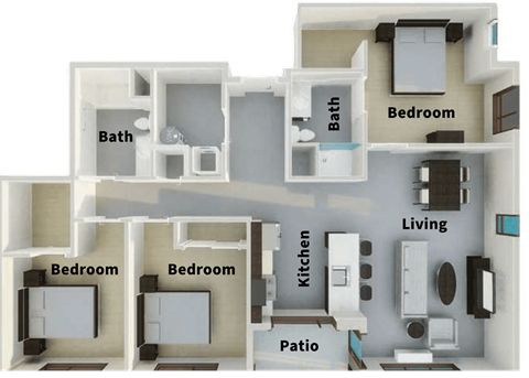 Floor plan for 3 beds, 2 baths, 1335 sqft
